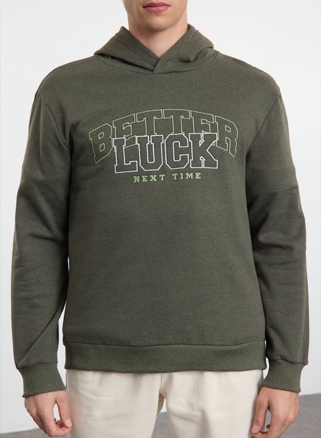 trendyol Khaki Regular/Normal Cut Text Embroidered Hooded Sweatshirt - Image 3