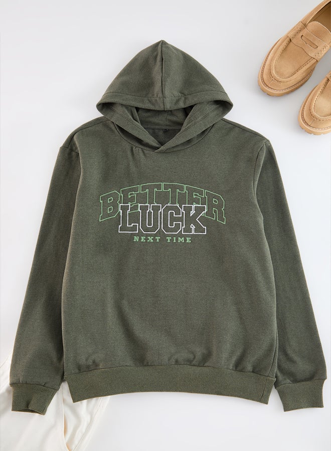 trendyol Khaki Regular/Normal Cut Text Embroidered Hooded Sweatshirt - Image 5