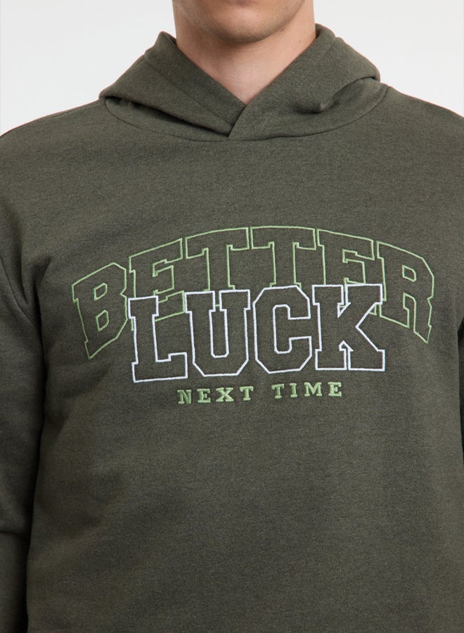 trendyol Khaki Regular/Normal Cut Text Embroidered Hooded Sweatshirt - Image 4