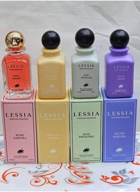 A multi-faceted collection of perfumes from La Asia, Oud perfume, La Asia Pistachio perfume 100 ml, La Asia Rose perfume 100 ml, Sakura yellow perfume 100 ml, and Sakura violet perfume 100 ml.