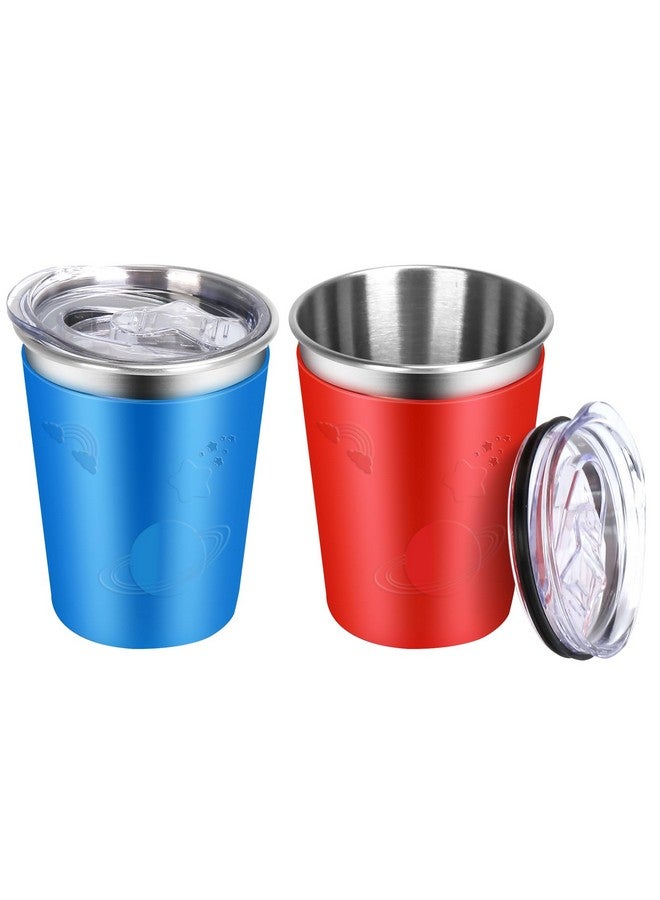 ShineMe Stainless Steel Cups for Kids, 2 pack Kids Cups with Lids and Cute Space Character Sleeves, 12oz No Spill Cups for Toddlers Reusable & Unbreakable - Image 1