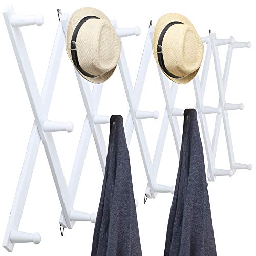WEBI Accordion Wall Hanger,Wooden Expandable Coat Rack Wall Mounted,Accordion Hat Rack for Wall,Accordion Hook Rack for Hats,Caps,20 Peg Hooks,White - Image 1