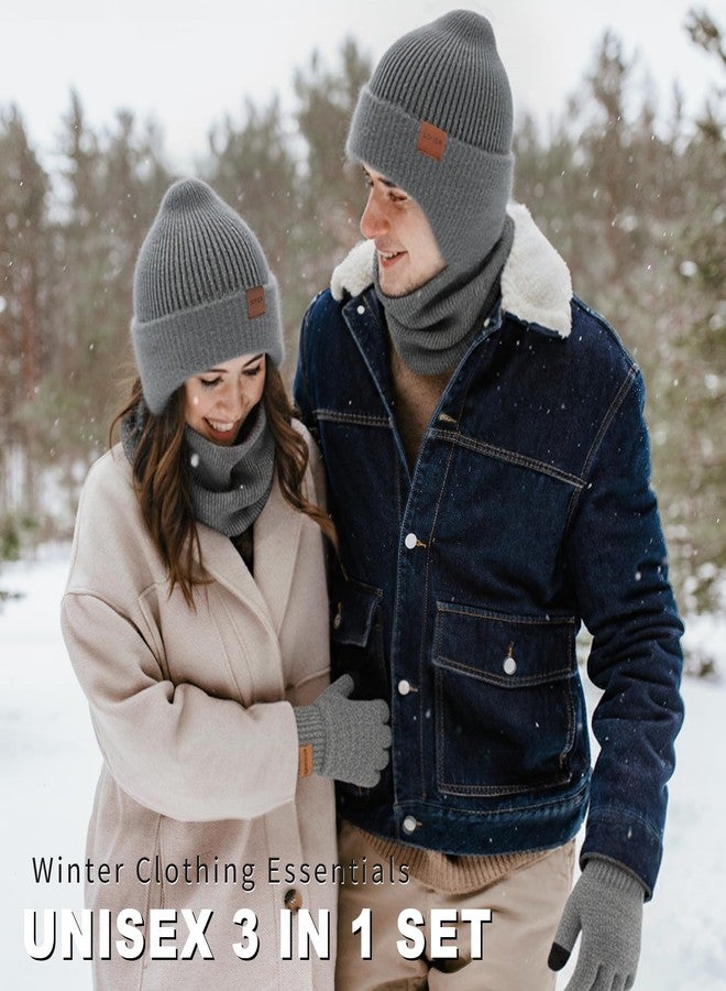 Sofier Winter Hat Fleece Lined Beanie with Earflap Neck Warmer Scarf Touchscreen Gloves Warm Knit Set for Men Women, Dark Grey, One size - Image 2