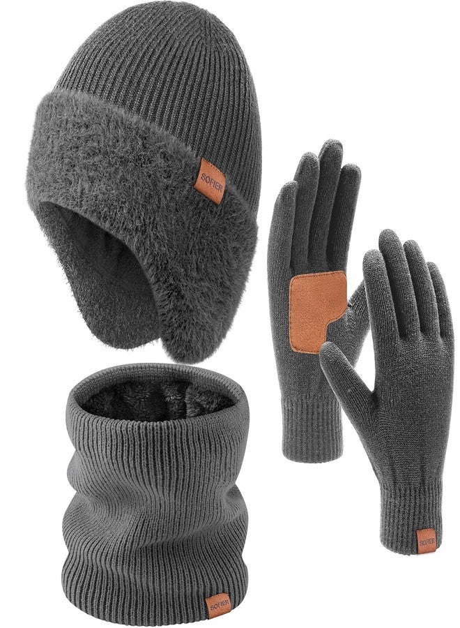 Sofier Winter Hat Fleece Lined Beanie with Earflap Neck Warmer Scarf Touchscreen Gloves Warm Knit Set for Men Women, Dark Grey, One size - Image 1