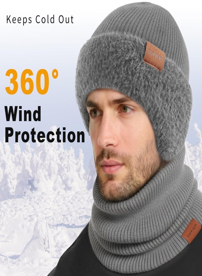 Sofier Winter Hat Fleece Lined Beanie with Earflap Neck Warmer Scarf Touchscreen Gloves Warm Knit Set for Men Women, Dark Grey, One size - Image 3