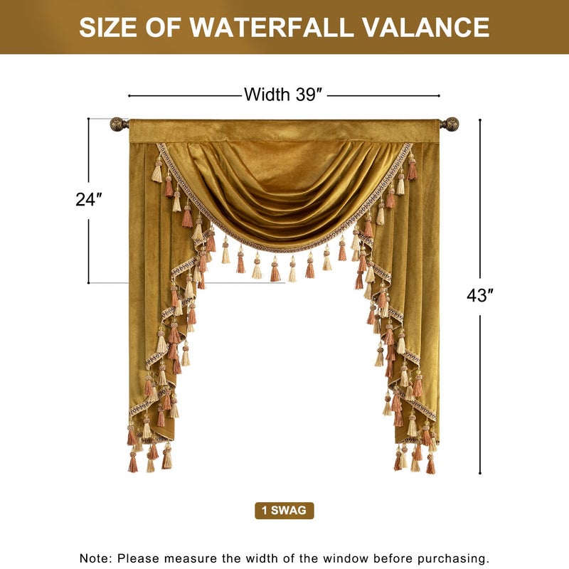 VOGOL Thick Velvet Curtains Valance for Bedroom, Gold Thermal Insulated Luxury Waterfall Valances for Formal Living Room, Rod Pocket Top, W39 Inches, 1 Panel - Image 3