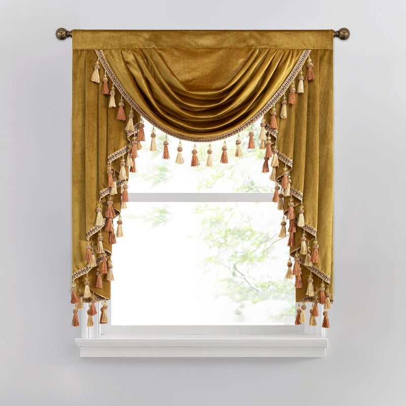 VOGOL Thick Velvet Curtains Valance for Bedroom, Gold Thermal Insulated Luxury Waterfall Valances for Formal Living Room, Rod Pocket Top, W39 Inches, 1 Panel - Image 1