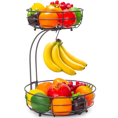 Auledio 2-Tier Countertop Fruit Vegetables Basket Bowl Storage With Banana Hanger, Brone (1) - Image 1