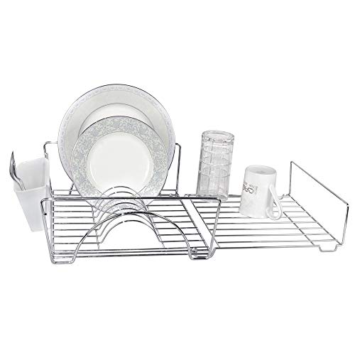 Smart Design Expandable Dish Drainer Drying Rack with Cutlery Cup - Steel Metal Wire - Fits in Standard Sinks - Dishes, Cups, Silverware Organization - Kitchen - 13.5 x 20.63 Inch Chrome - Image 1