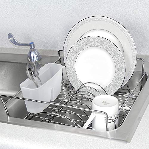 Smart Design Expandable Dish Drainer Drying Rack with Cutlery Cup - Steel Metal Wire - Fits in Standard Sinks - Dishes, Cups, Silverware Organization - Kitchen - 13.5 x 20.63 Inch Chrome - Image 2