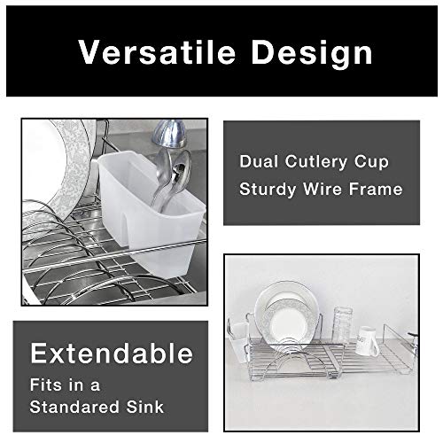 Smart Design Expandable Dish Drainer Drying Rack with Cutlery Cup - Steel Metal Wire - Fits in Standard Sinks - Dishes, Cups, Silverware Organization - Kitchen - 13.5 x 20.63 Inch Chrome - Image 4