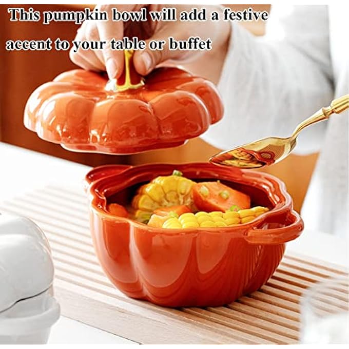 rayihni Dutch Oven Pot With Lid Pumpkin Pottery Dessert Saucepan Mini Baking Dish Cute Bowl Covered Ceramic Stockpot PumpkinShaped Casserole Orange - Image 3