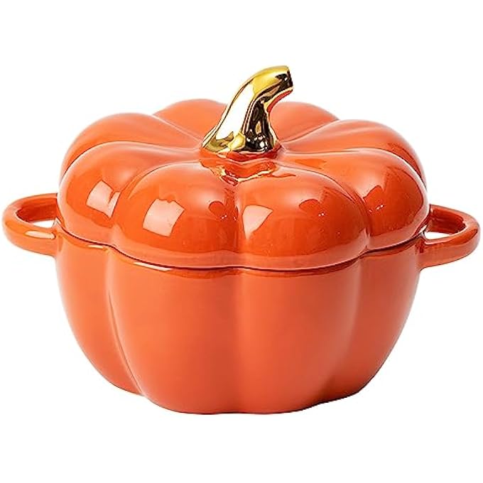 rayihni Dutch Oven Pot With Lid Pumpkin Pottery Dessert Saucepan Mini Baking Dish Cute Bowl Covered Ceramic Stockpot PumpkinShaped Casserole Orange - Image 1