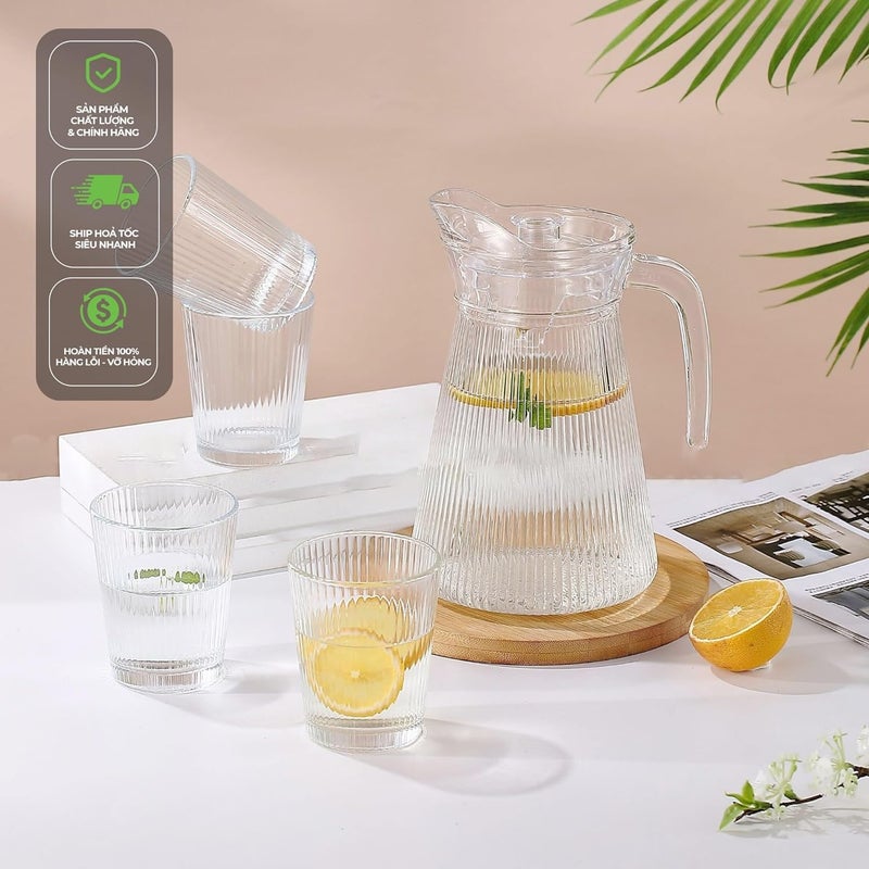 JIGSHTIAL Glass Water/Juice Jug Pitcher Carafe with Handle and Plastic Lid for Drinking Beverages, Serving Kitchen and Dining/Tableware-Milk, Juice, Water- 1500ml, 1Pcs Transparent (Lemon) - Image 2