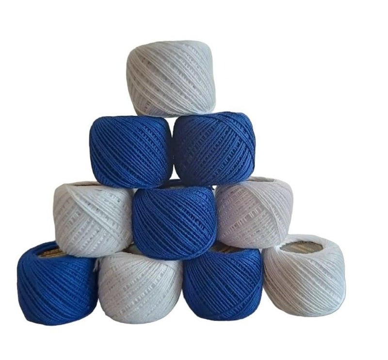 ELEXIQ Crochet Cotton Thread Yarn For Knitting And Craft Making Combo Pack Of 10 Roll (Multicolour) (Royal Blue + White, 180 Gram) - Image 1