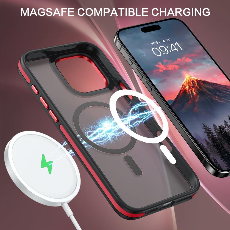BENTOBEN for iPhone 16 Pro Max Magnetic Case, [Compatible with MagSafe] Translucent Matte Slim Fit Anti-Slip Shockproof Women Men Protective Cover Case for iPhone 16 Pro Max 6.9",Red/Black - Image 2