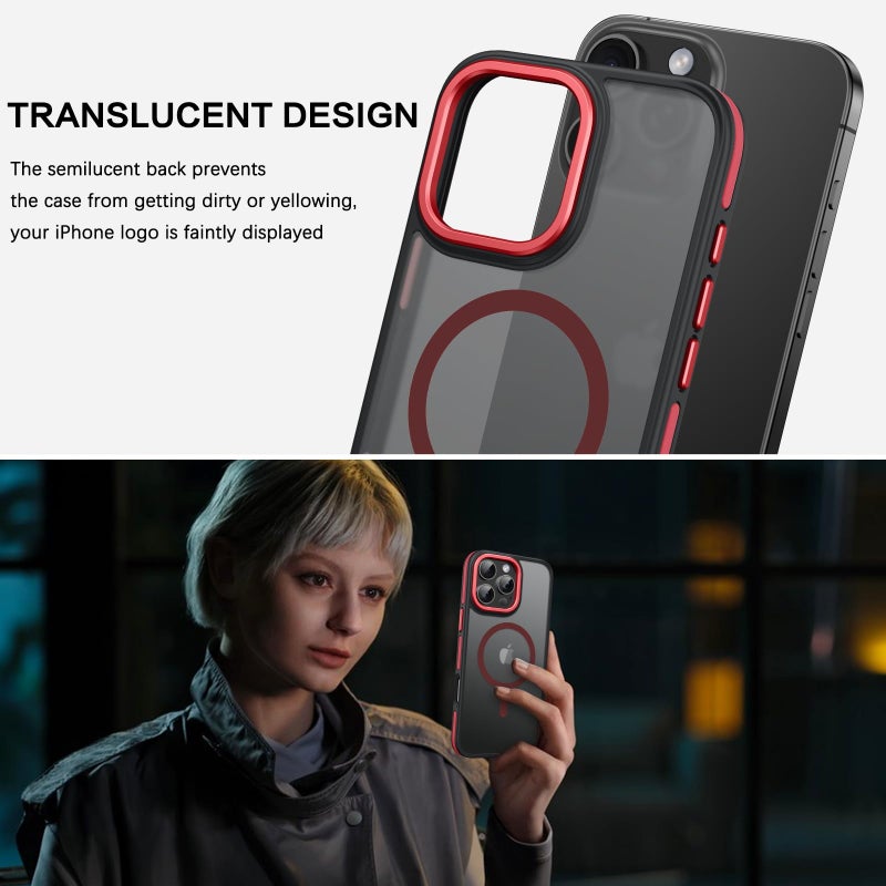 BENTOBEN for iPhone 16 Pro Max Magnetic Case, [Compatible with MagSafe] Translucent Matte Slim Fit Anti-Slip Shockproof Women Men Protective Cover Case for iPhone 16 Pro Max 6.9",Red/Black - Image 4