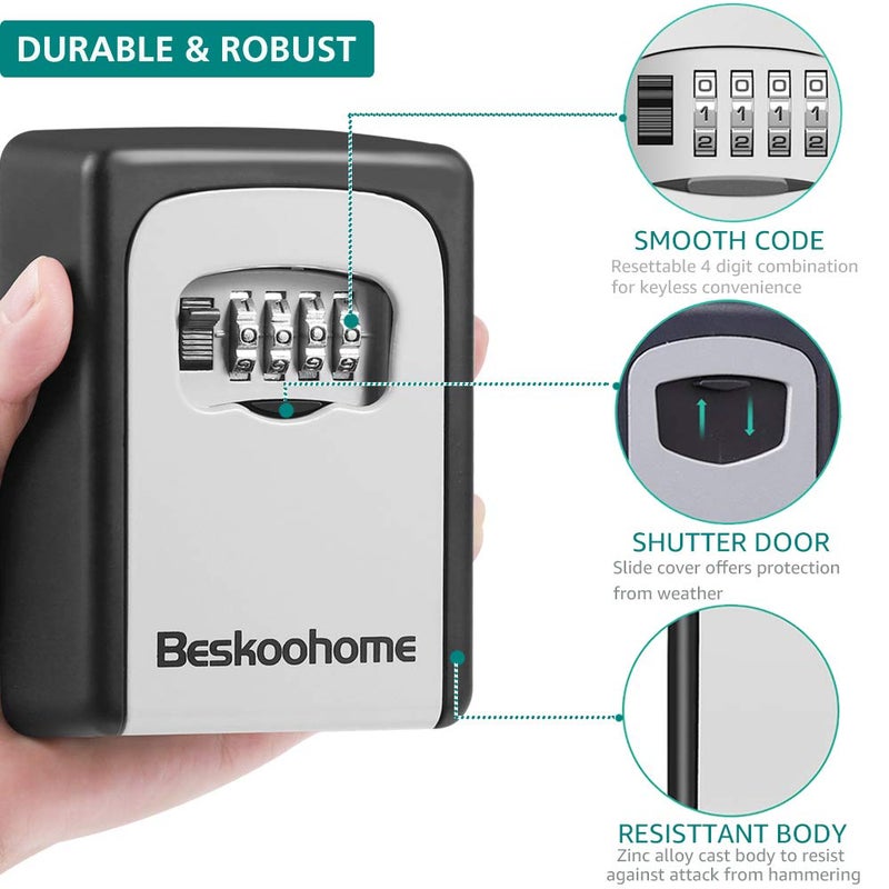 BeskooHome Wall Mounted Key Safe Waterproof Combination Zinc Alloy Key Storage with Sliding Cover with Resettable Code for House Replacement Keys - Image 3