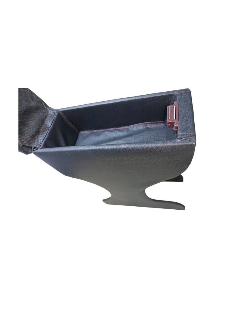 Car Armrest Unit with Leather and Plastic Storage Box with Armrest Pillow, Renault Logan, Black with Red Stitching - Image 2