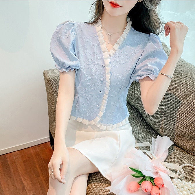 French Style Gentle Small Collar Shirt Summer Elegant Chic Shirt Short Puff Sleeve Top for Women Sky blue follow the store for priority delivery
