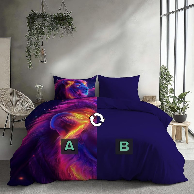 Soft Night Sky Printed Duvet Cover Set - Twin Size 2Pcs Lion Reversible Bedding Set, Bedding Comforter Cover with Zipper Ties 1 Pillowcases 68 X 90In - Image 5