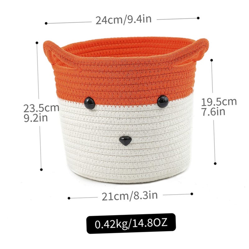 Handwoven Cotton Rope Storage Basket with Cute Fox Design Multipurpose Organizer for Toys and Home - Image 3