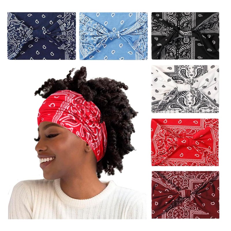 Artilady Wide Bandana Headbands for WomenBoho Bandeau Head Band Bohemian Paisley Red Headwrap Soft Athletic Elastic Sweat Non Slip Hair Bands for Curly Hair Accessories 6 PCS