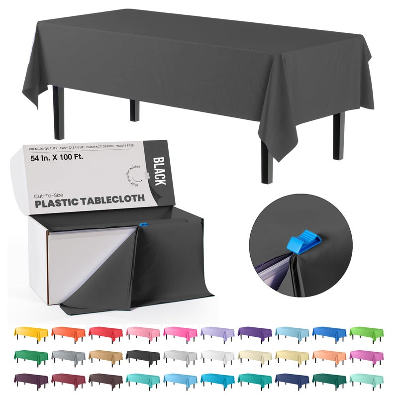 Party Solids Exquisite Party Solids 54 Inch X 100 Feet Black Plastic Table Cover Roll in A Cut  to  Size Box with Convenient Slide Cutter Cuts Up to 12 Rectangle 8 Feet Plastic Disposable Tablecloths