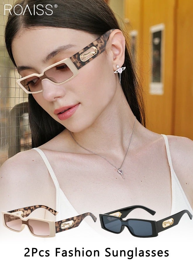 roaiss 2PCS Rectangular Sunglasses for Men Women, UV400 Protection Sun Glasses, Fashion Decorative Eyewear with Cheetah Decoration for Outdoor Party Street Photography, Black and Beige  - Image 1