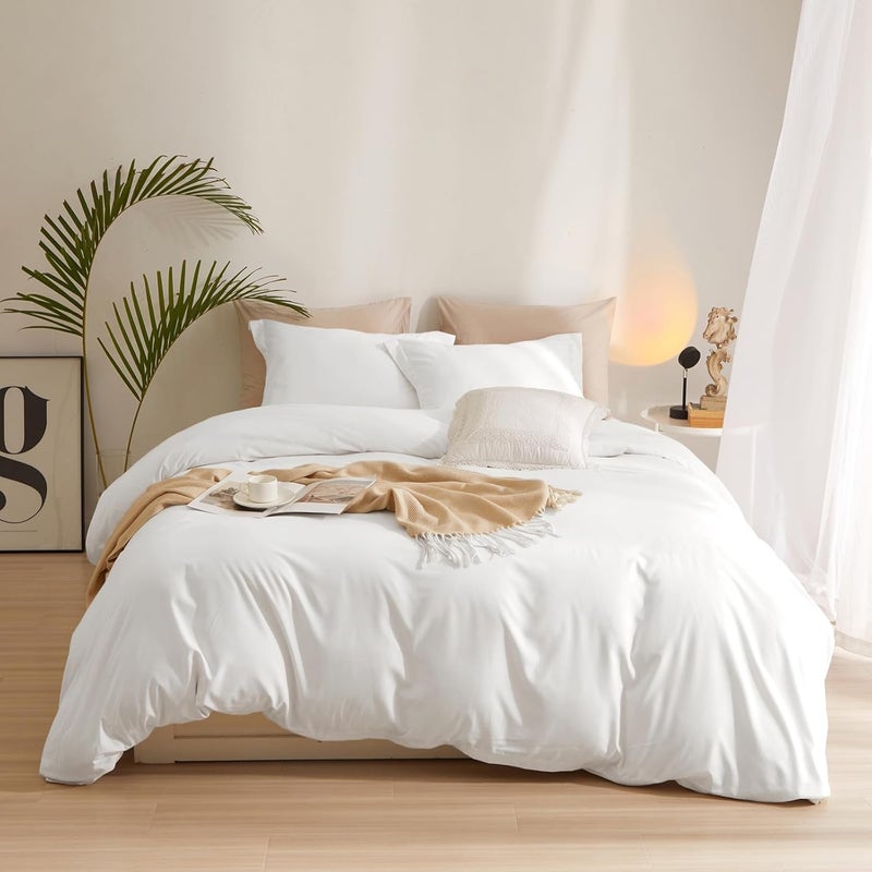 AMWAN White Duvet Cover Twin Size Bedding Duvet Cover 1 Duvet Cover with 2 Pillowcases 3 Pieces White Comforter Cover with Zipper Closure Modern Soft White Twin Duvet Cover 68”x86” with Zipper Closure - Image 1