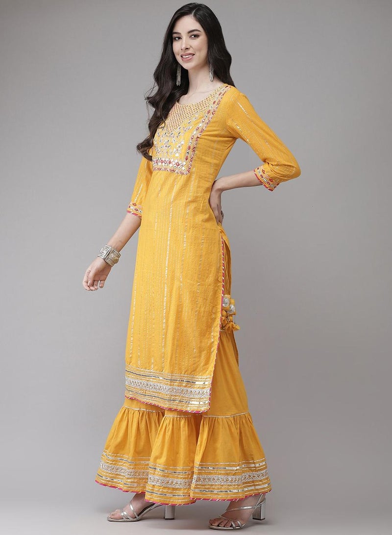 ISHIN Women'S Yellow 100% Cotton Embroidered Regular Fit Kurta Set - Image 5