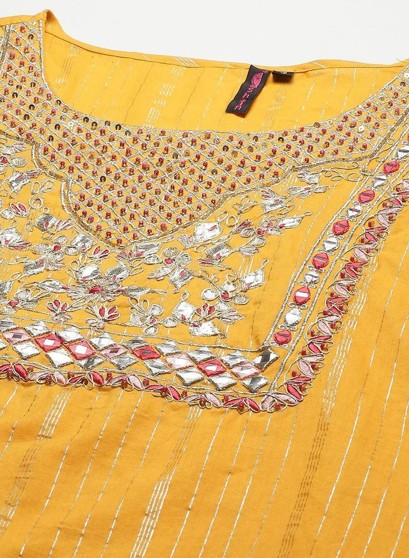 ISHIN Regular Fit Three-Quarter Sleeve Embroidered Yellow Cotton Woven Kurta Set For Women Flat Collar Perfect For Wedding And Engagement Pull On Closure