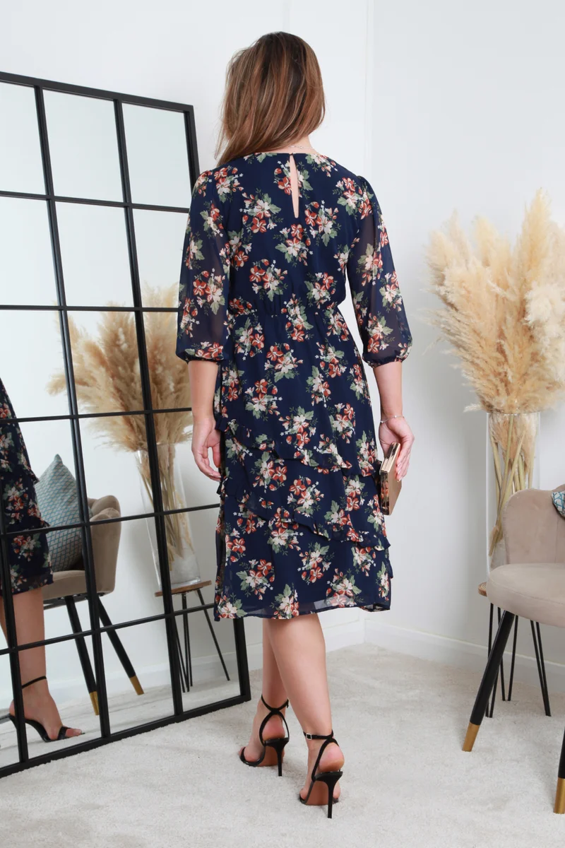 Double Second navy floral Printed Navy Wrap Dress With Tiered Frill Detail for Women | Best Price UAE