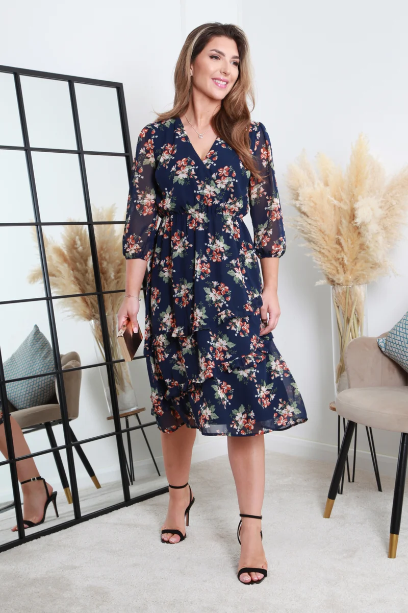 ثانية مزدوجة فستان لف أزرق داكن مطبوع بتفاصيل كشكش متدرج