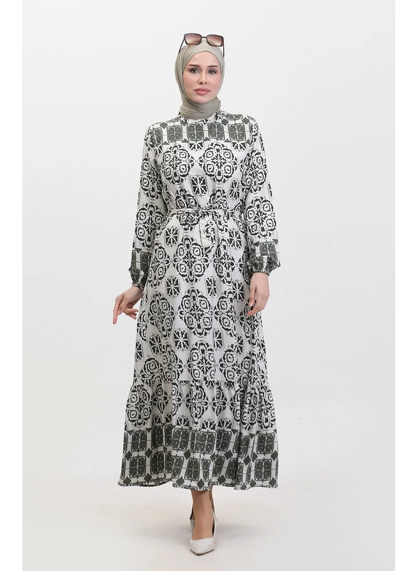 سيفا ميرفي Patterned Belted Viscose Dress 0379-02 Khaki