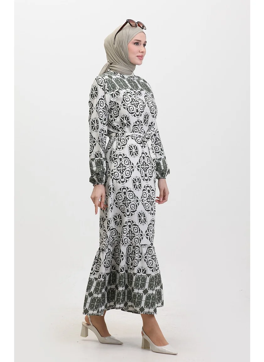 سيفا ميرفي Patterned Belted Viscose Dress 0379-02 Khaki