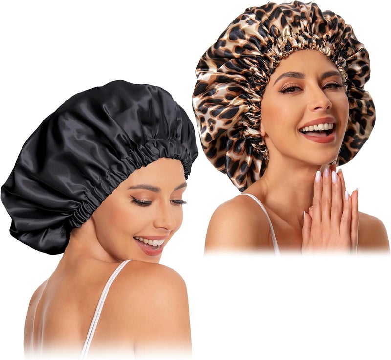 Edoneery Satin Bonnet Silk Bonnet Hair Bonnet for Sleeping-Slouchy Beanie Hat Satin Sleep Cap for Women's Natural & Curly Hair(Black&Leopard) - Image 1