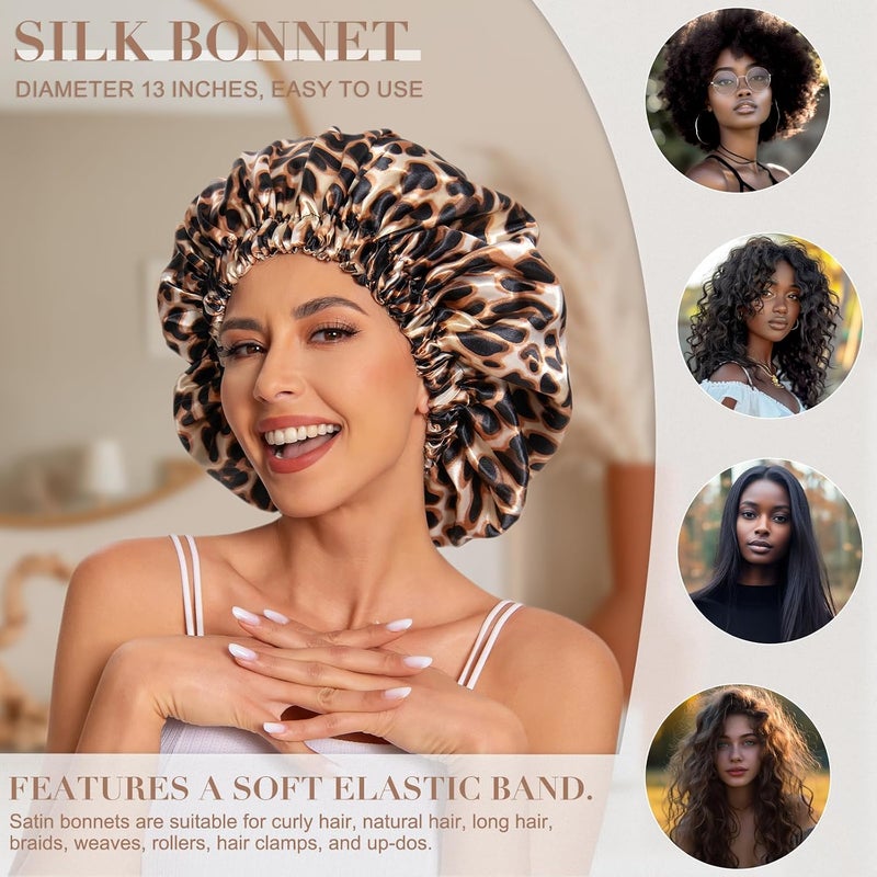 Edoneery Satin Bonnet Silk Bonnet Hair Bonnet for Sleeping-Slouchy Beanie Hat Satin Sleep Cap for Women's Natural & Curly Hair(Black&Leopard) - Image 2