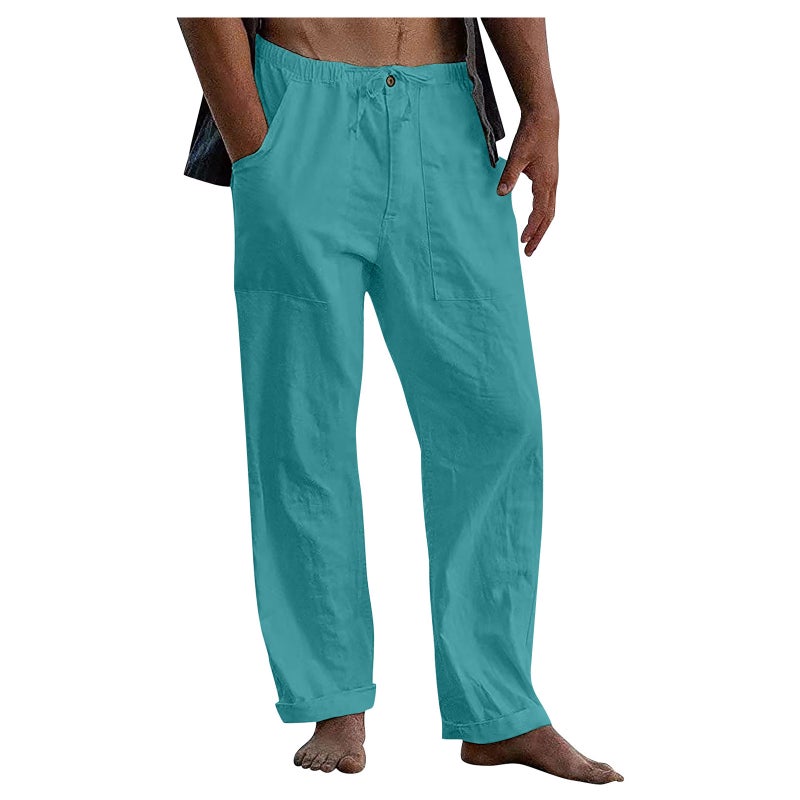 Generic 2022 Mens Linen Trousers Yoga Beach Loose Casual Summer Elastic Waist Drawstring Loose Pants with Pockets Sky cyan 