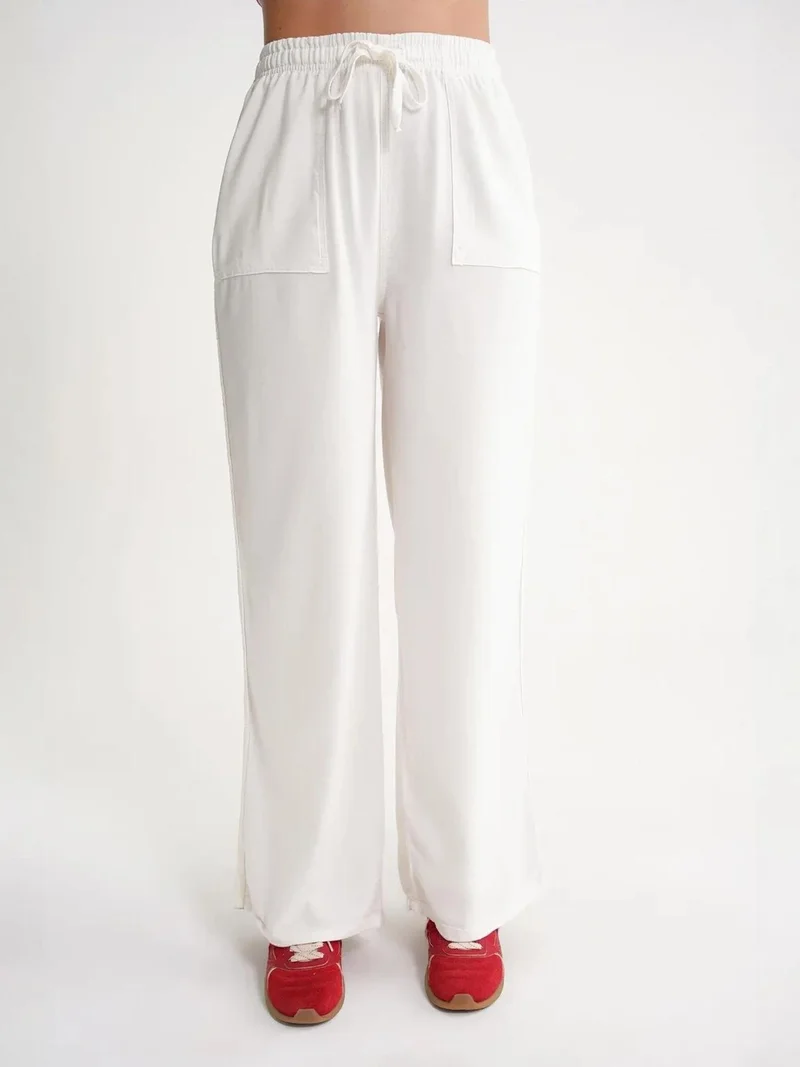 MixRay White MIXRAY Mid Waist Straight Leg Cotton Pants with Tie Closure for Women | Best Price UAE