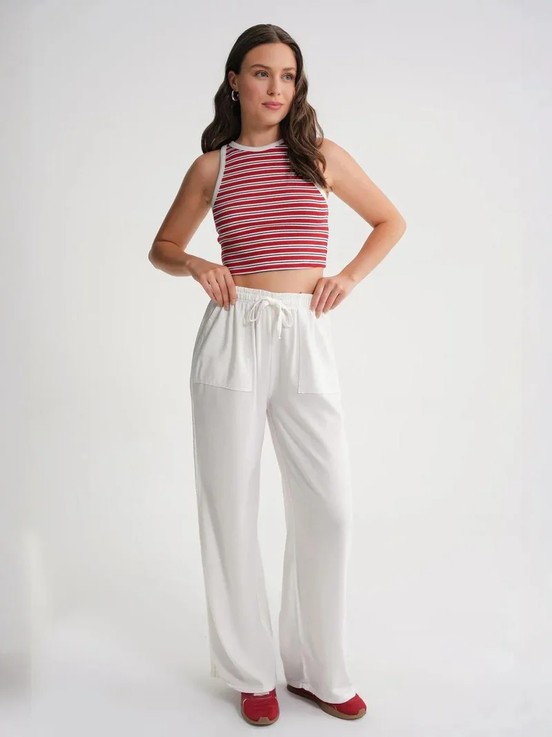 MixRay White MIXRAY Mid Waist Straight Leg Cotton Pants with Tie Closure for Women | Best Price UAE
