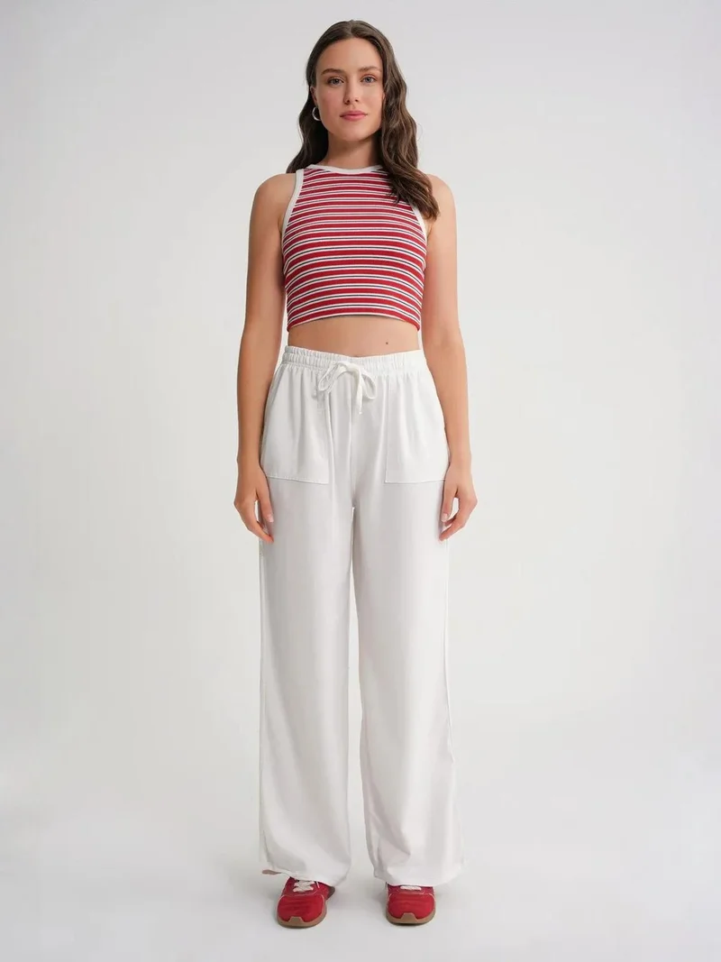 MixRay White MIXRAY Mid Waist Straight Leg Cotton Pants with Tie Closure for Women | Best Price UAE