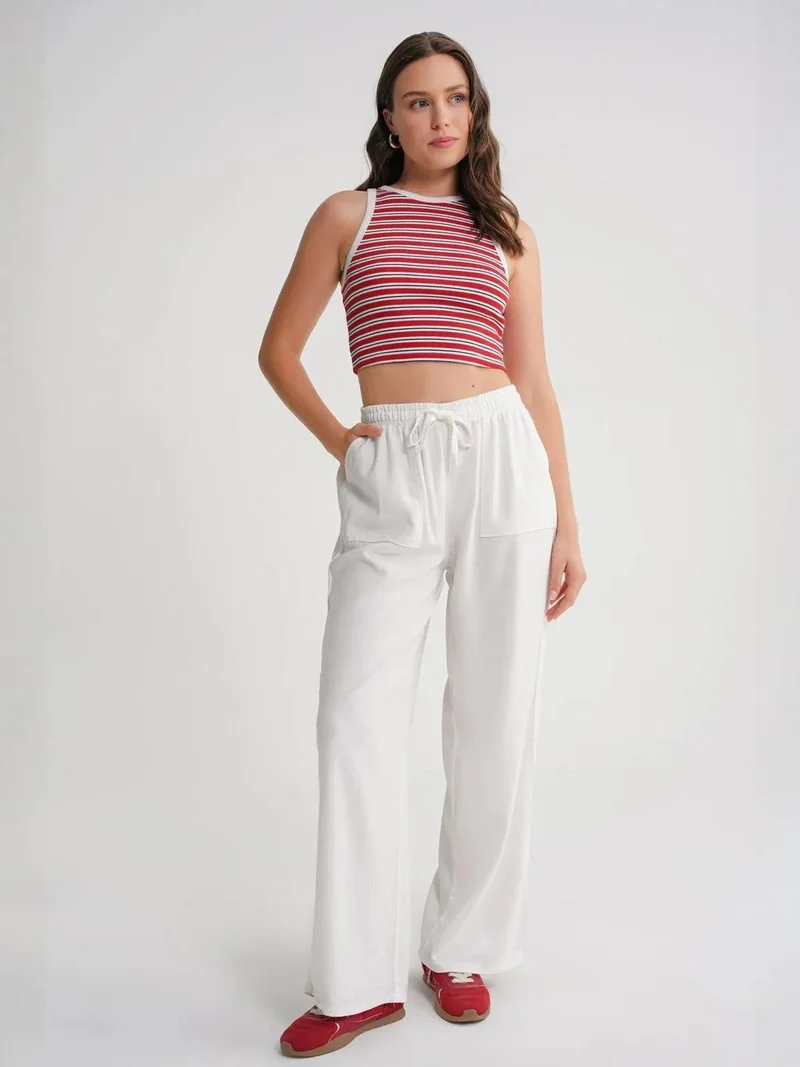 MixRay White MIXRAY Mid Waist Straight Leg Cotton Pants with Tie Closure for Women | Best Price UAE