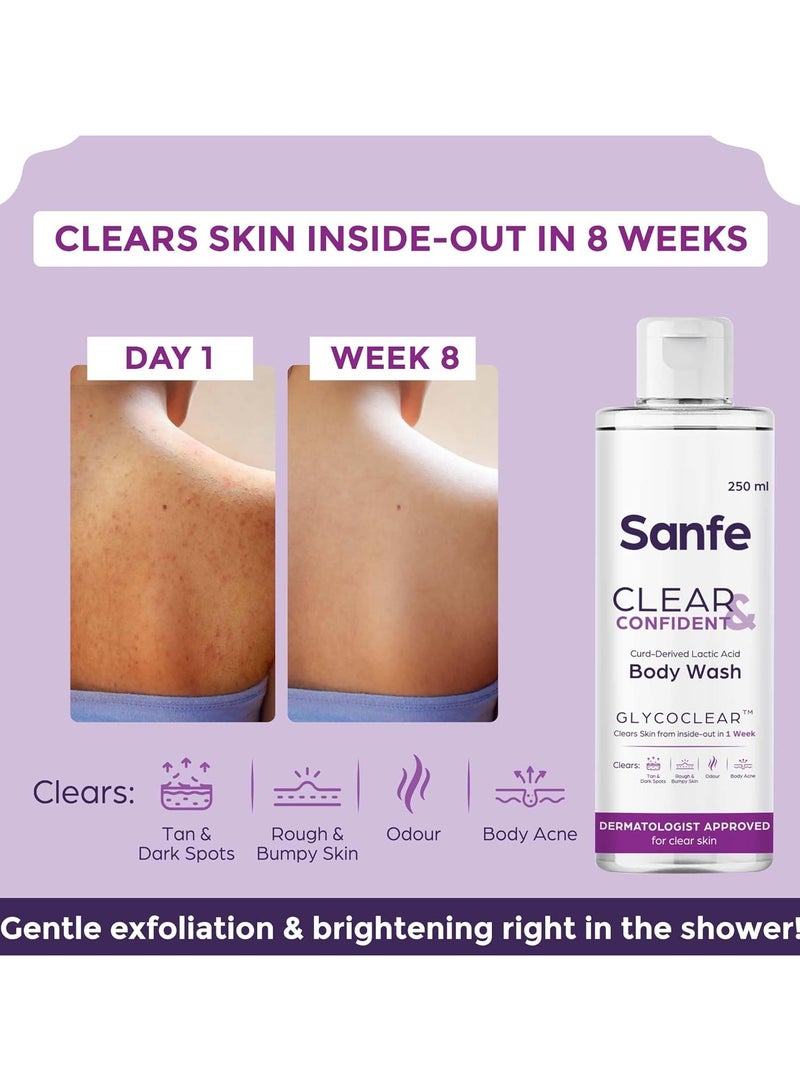 Sanfe Clear Confident Glycolic Acid Body Wash AHA Exfoliation Rough Bumpy Skin Tan Acne Strawberry Skin Smooth 250ml - Image 2
