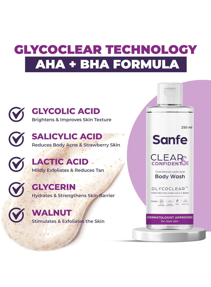 Sanfe Clear Confident Glycolic Acid Body Wash AHA Exfoliation Rough Bumpy Skin Tan Acne Strawberry Skin Smooth 250ml - Image 4