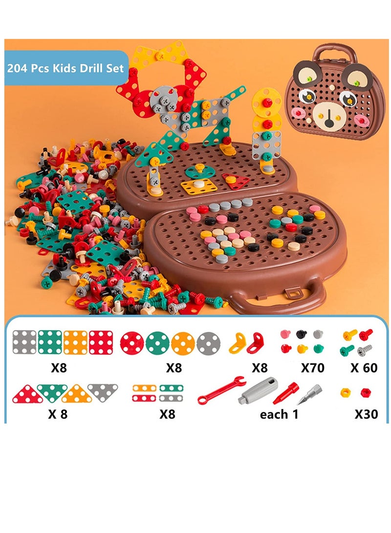 Soofam 203-Piece Kids Repair Tool Box, Creative Construction Engineering Building Block Games with Toy Drill and Screwdriver Tool Set, Brown - Image 3