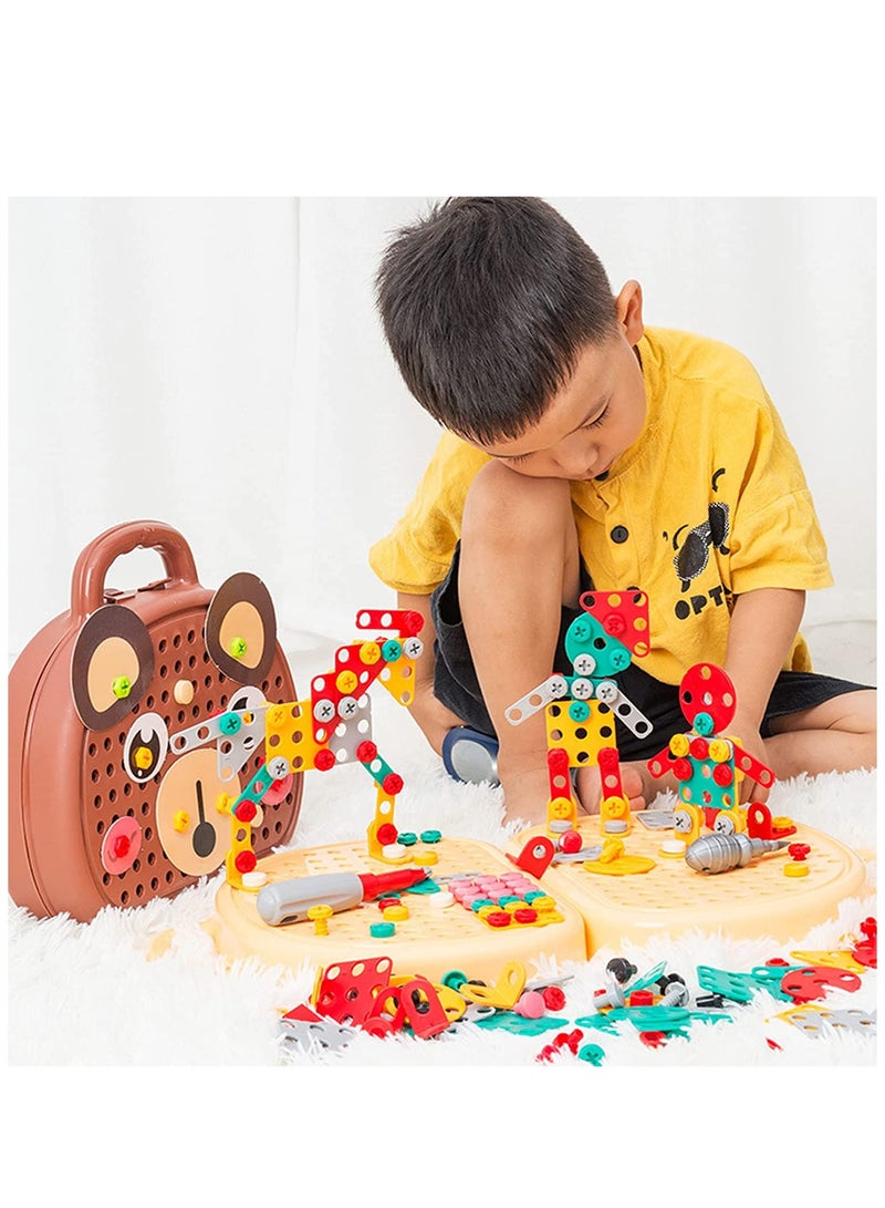 Soofam 203-Piece Kids Repair Tool Box, Creative Construction Engineering Building Block Games with Toy Drill and Screwdriver Tool Set, Brown - Image 2