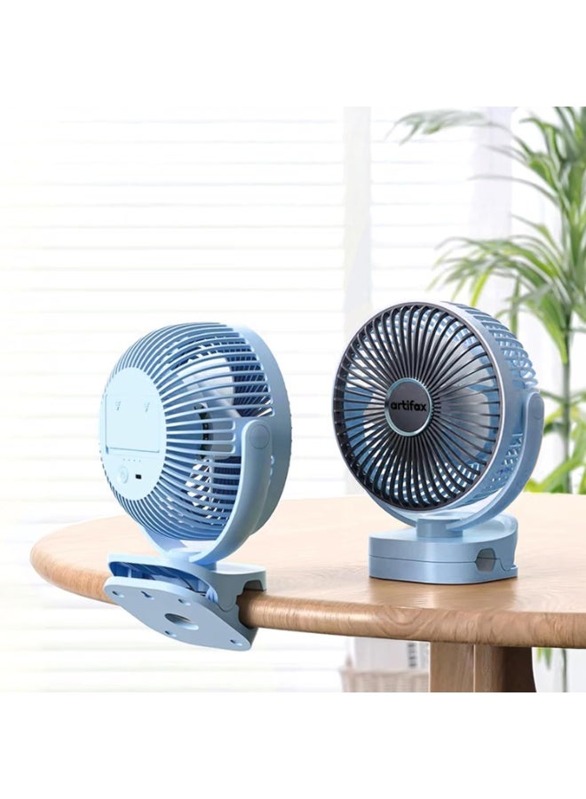 Artifax Rechargeable Clip Fan ART-B-5 with LED Light | Portable Mini Desk & Clamp Fan | 3-Speed | 360° Rotation | USB Charging | 4–6 Hrs Battery | Quiet Fan for Home & Travel (Blue) - Image 1