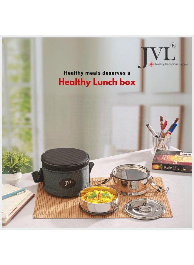 JVL Leak-Proof Stainless Steel Double Decker Lunch Box 600ml with Bag 2-Compartment Tiffin for Office & Kids Use Durable, Compact & Easy to Carry - Image 2