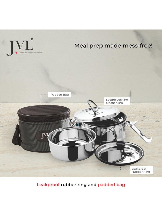 JVL Leak-Proof Stainless Steel Double Decker Lunch Box 600ml with Bag 2-Compartment Tiffin for Office & Kids Use Durable, Compact & Easy to Carry - Image 5